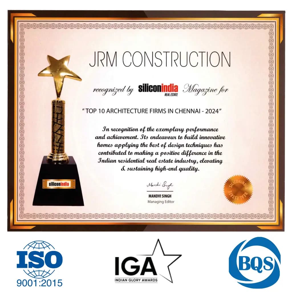 JRM Construction's recognition as one of the 'Top 10 Architecture Firms in Chennai - 2024' by SiliconIndia Magazine, along with ISO 9001:2015 certification and other industry accolades.