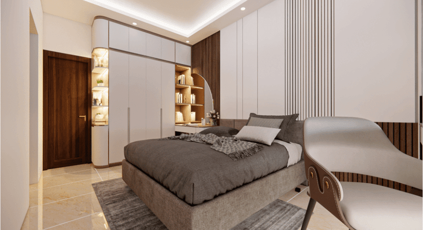 Bedroom interior rendering with built-in wardrobes