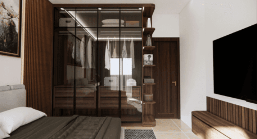 Modern room with wood accents with glass-fronted wardrobe