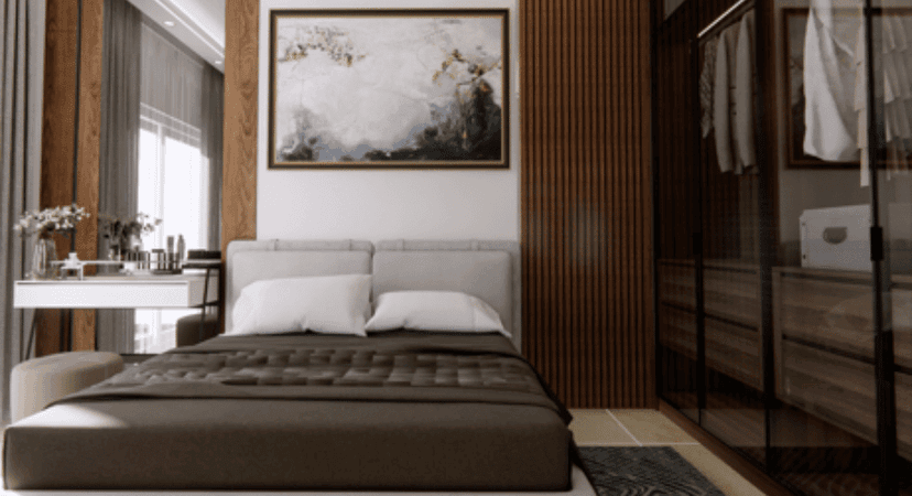 Modern room with built-in wardrobe and framed art
