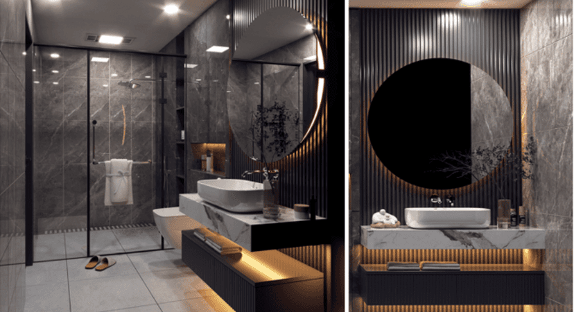 Interior with glass shower and backlit mirrors