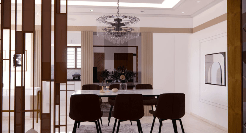 Dining room rendering with chandelier and partition