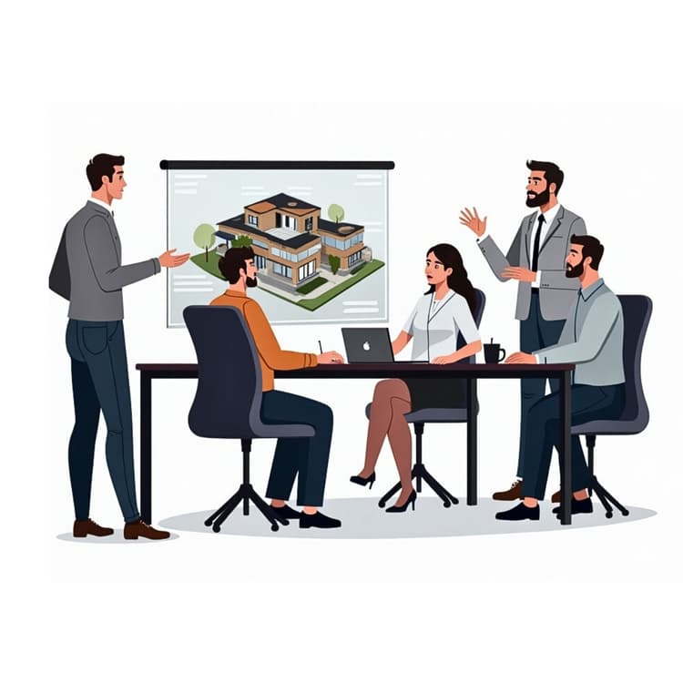 Architect reviewing house design blueprints with client
